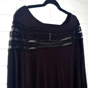 Free People Sheer Chest / Wrist Long Sleeve Fitted Black Top